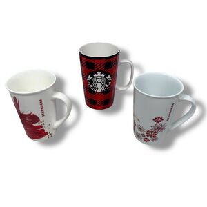 Starbucks Coffee Mugs Red Plaid Floral Festive Christmas Holiday Lot of 3 Cups